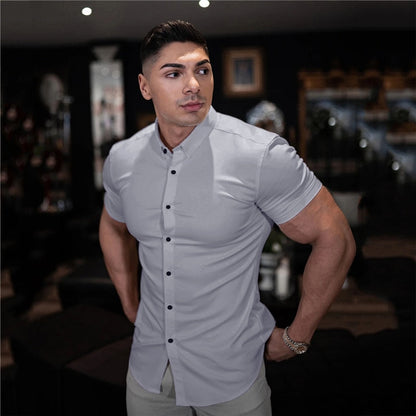 Summer Fashion Short Sleeve Shirt Men Super Slim Fit Male Casual Social Business Dress Shirt Brand Men Fitness Sports Clothing