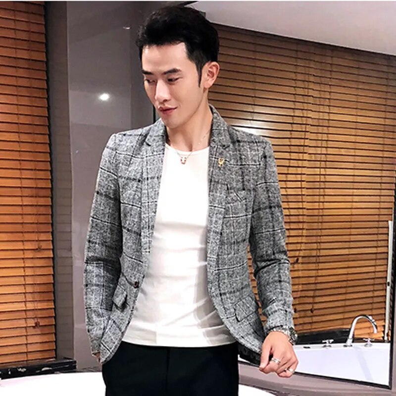 2021 new men's casual plaid suit jacket male linen plaid business self-cultivation wedding dress party suit coat plus Size S-4XL