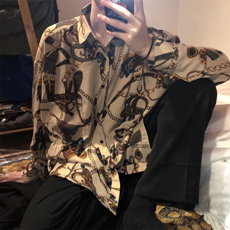 Vintage Fashion  Beach Hawaii Shirts for Men Harajuku Floral Print Long Sleeve Casual Loose Blouse Button Up Shirt