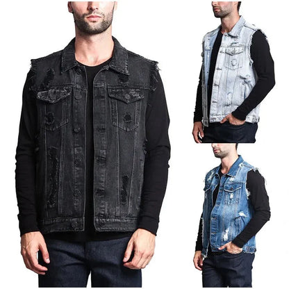 Summer Autumn Vintage Design Men's Denim Vest Male Retro Sleeveless Jackets Casual Ripped Hole Jean Waistcoats Clothing