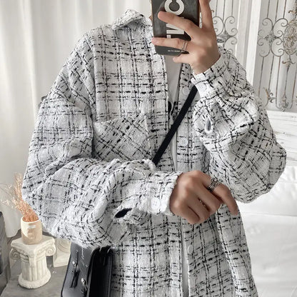 saferido Spring and autumn male plaid shirt Korean fashion casual jacket released man harajuku streetwear retro sleeve shirt