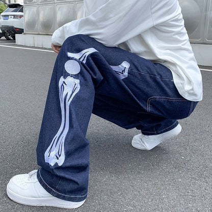 Jeans Men Skeleton Baggy Casual Jean Pants Mens Japan Style Streetwear Wide Leg Denim Trousers Male Vintage Blue Denim Pants