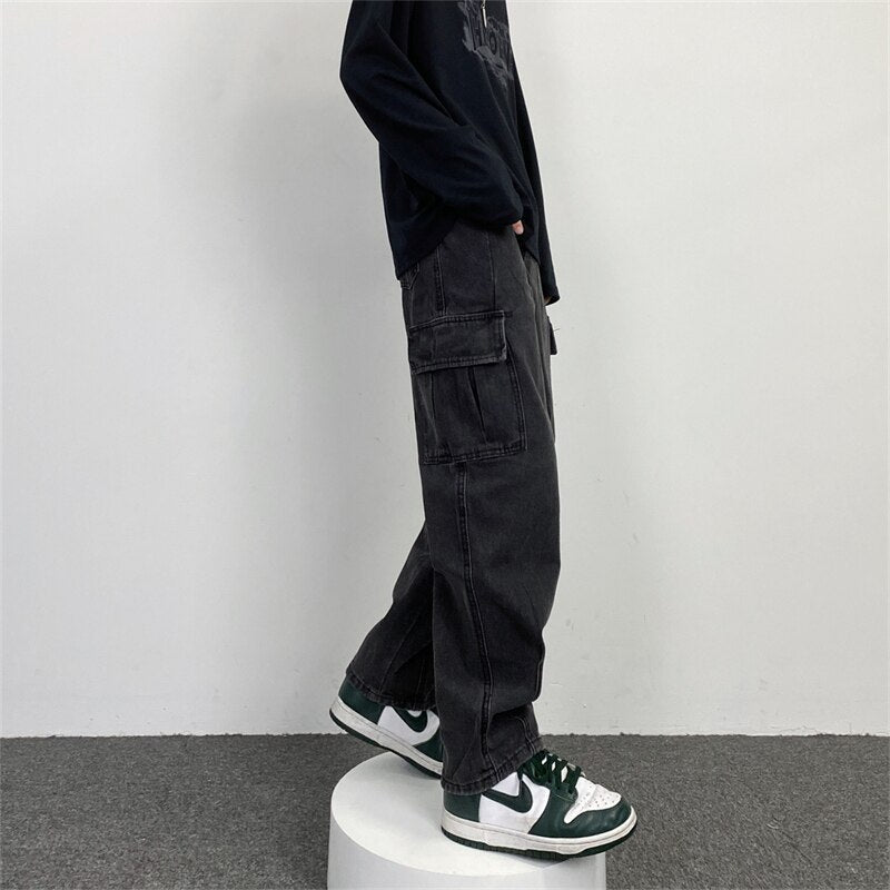 Men Jean Pants Japanese Retro Washed Straight Wide-Leg Jeans Loose Big Pocket Couple Hip Hop Street Denim Pants Male