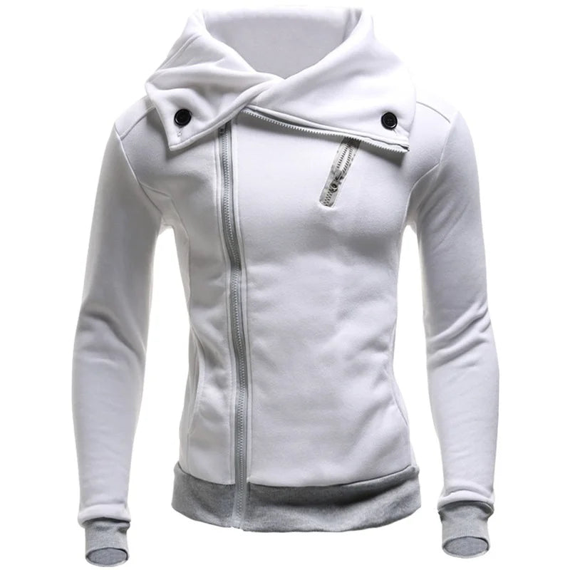 Men's Fashion Diagonal Zipper Pullover Hooded Color Matching Sweater Casual Jacket