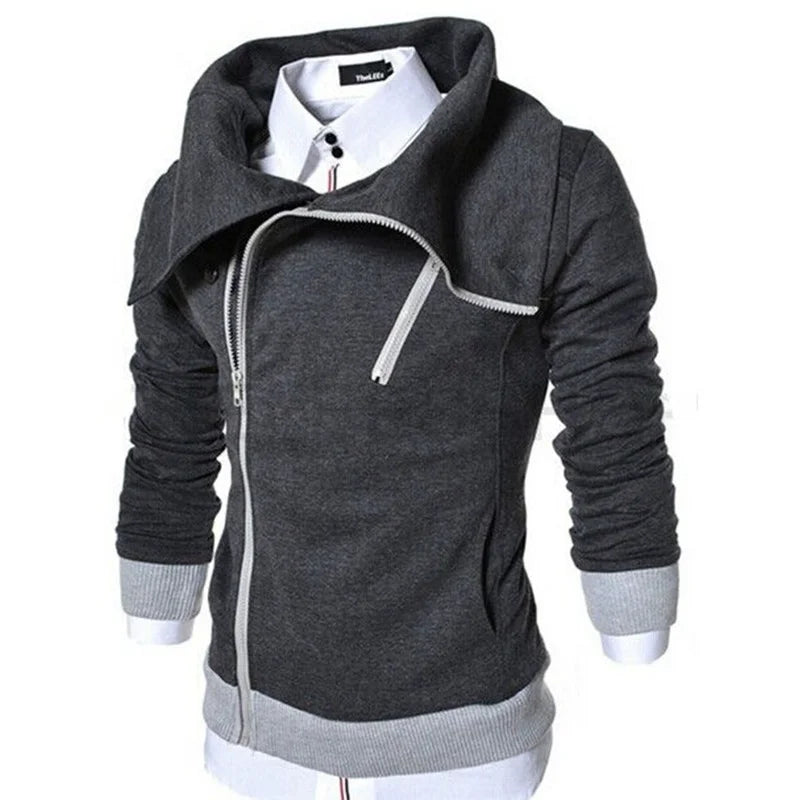 Men's Fashion Diagonal Zipper Pullover Hooded Color Matching Sweater Casual Jacket