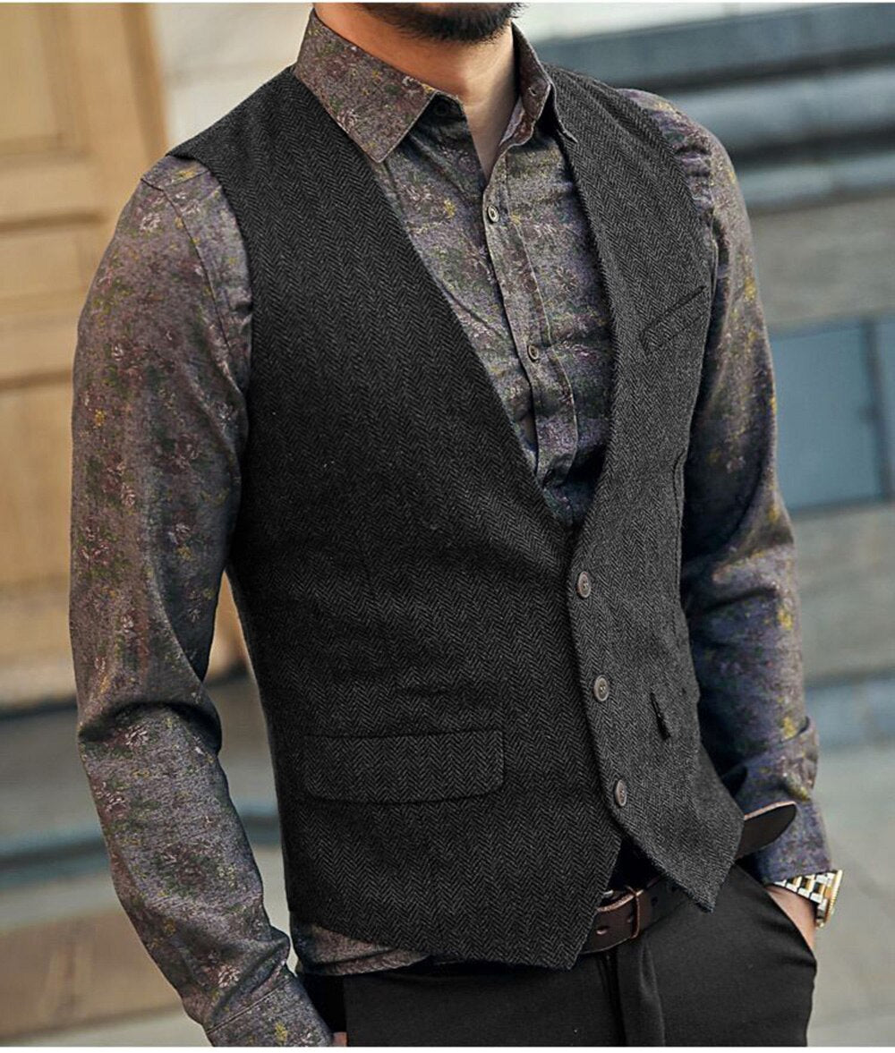 saferido       Men's Vest Suit Boutique Wool Tweed Slim Fit Leisure Cotton Male Gentleman Beckham Business Waistcoat For Wedding Groomsmen