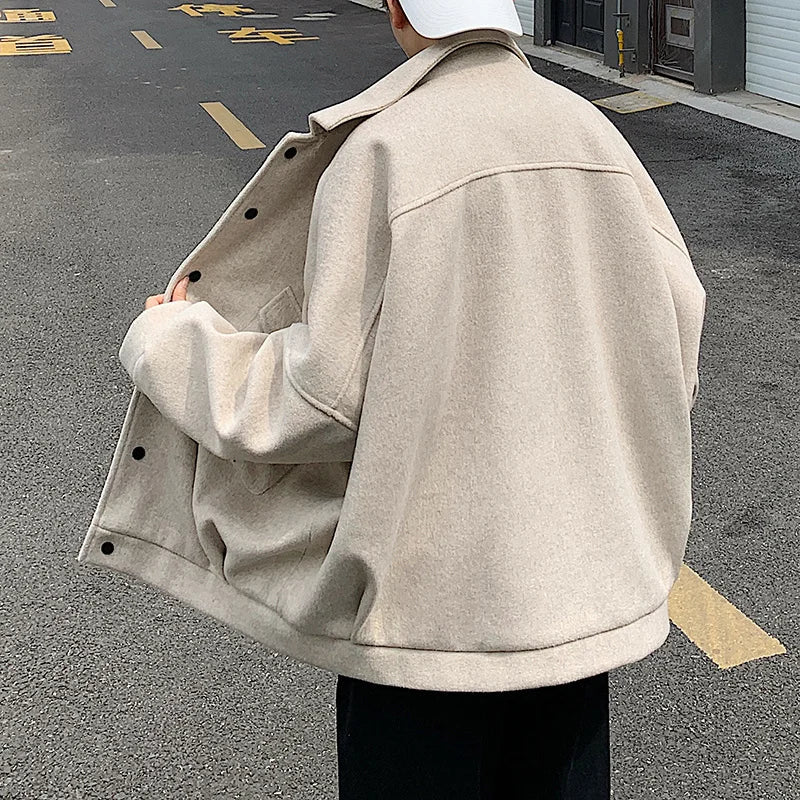 saferido Winter Thickened Short Woolen Coat Men Warm Fashion Oversized Woolen Coat Men  Korean Loose Woolen Jacket Mens Overcoat M-3XL