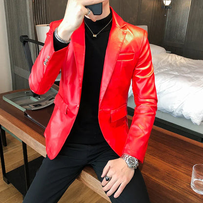 saferido Blazer Hombre PU Leather Jackets Men Fashion Solid Slim Fit One Button Business Casual Blazers For Men Korean style Suit Jacket