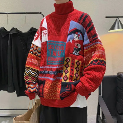 Winter Men Turtleneck Sweaters Christmas Ski Bear Knitted Pullovers Casual Sweaters Male Knitwear Hip Hop Pullovers