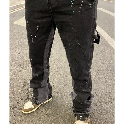 Streetwear Flared Pants Black Wide Leg Jeans Y2k Hip Hop Splashed Ink Jean Male Slim Patchwork Relaxed Fit Denim Pants for Men