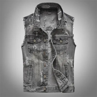 Spring Autumn Vintage Design Mens Denim Vest Male Retor Sleeveless Jackets Men Ripped Hole Jean Waistcoats Clothing 5XL