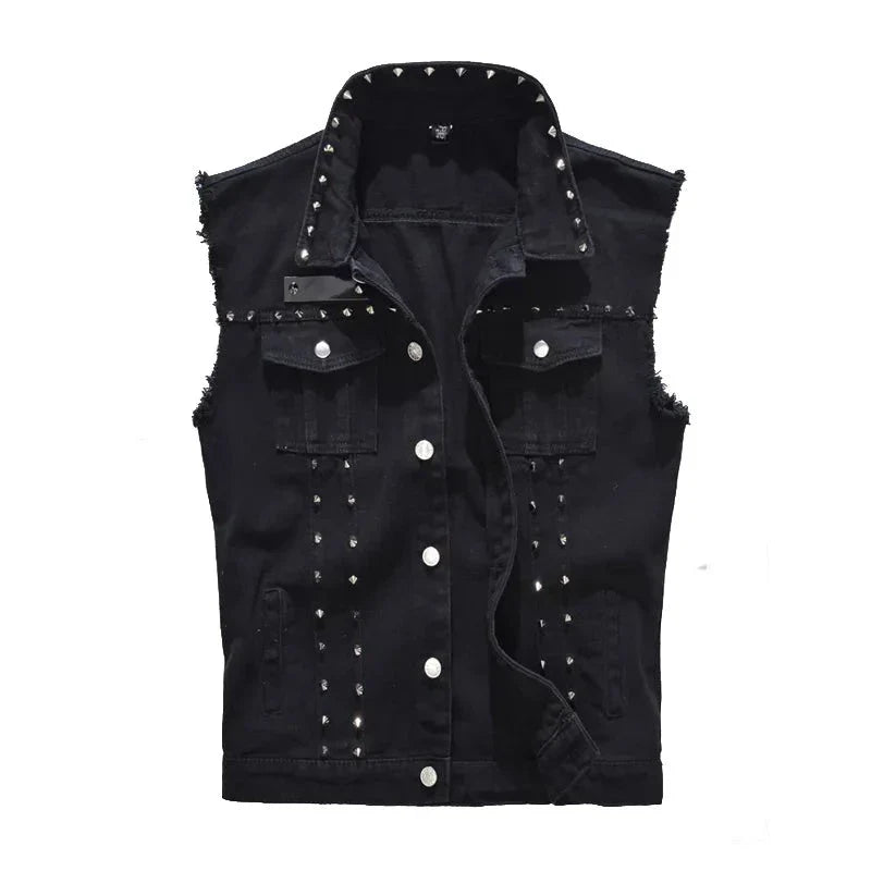 Spring Autumn Mens Vest Vintage Denim Jeans Vest Male Black Sleeveless Jackets Men Rivet Hole Jeans Waistcoats 5XL,TA338