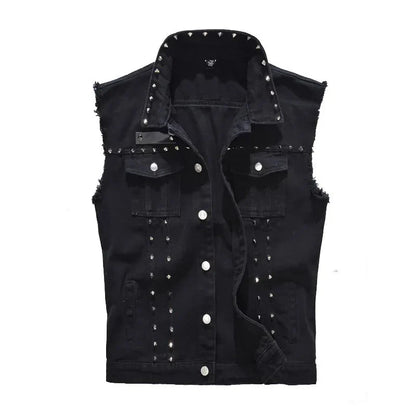 Spring Autumn Mens Vest Vintage Denim Jeans Vest Male Black Sleeveless Jackets Men Rivet Hole Jeans Waistcoats 5XL,TA338