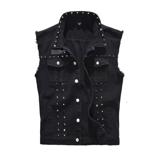 Spring Autumn Mens Vest Vintage Denim Jeans Vest Male Black Sleeveless Jackets Men Rivet Hole Jeans Waistcoats 5XL,TA338