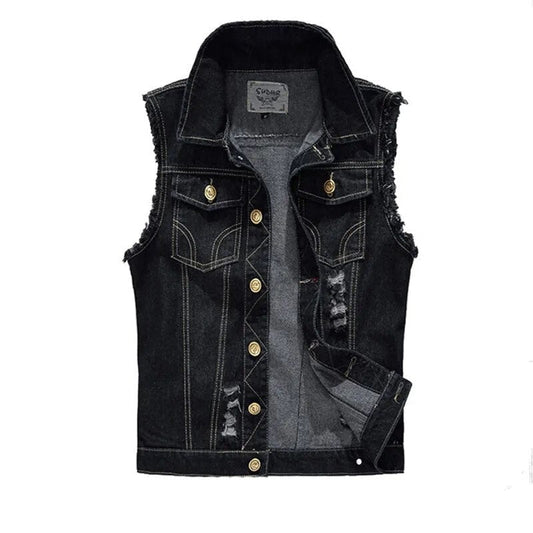 New Spring Autumn Vintage Design Men's Denim Vest Male Black Sleeveless Jackets Men Hole Jeans Brand Waistcoat 6XL,YA566