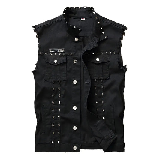 Fashion Mens Rivet Denim Vest Punk Party Studded Slim Fit Jean Jacket Male Sleeveless Waistcoat For Men Plus Size