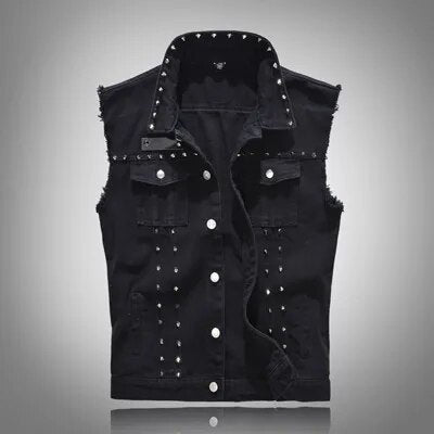 Spring Autumn Mens Vest Vintage Denim Jeans Vest Male Black Sleeveless Jackets Men Rivet Hole Jeans Waistcoats 5XL,TA338