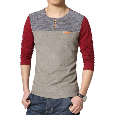 Men's T Shirt Spring New Arrival O Neck Buttons Patchwork T Shirts Casual Long Sleeve Hip Hop Top Tees Streetwears M-5XL