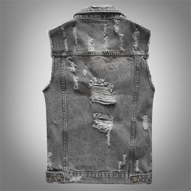 Spring Autumn Vintage Design Mens Denim Vest Male Retor Sleeveless Jackets Men Ripped Hole Jean Waistcoats Clothing 5XL