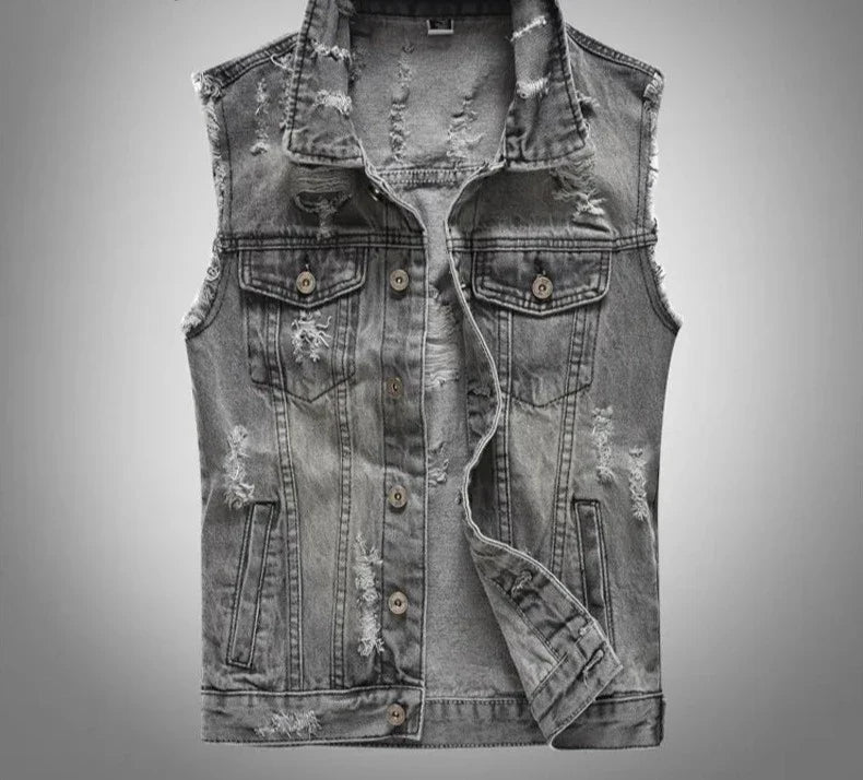 Spring Autumn Vintage Design Mens Denim Vest Male Retor Sleeveless Jackets Men Ripped Hole Jean Waistcoats Clothing 5XL