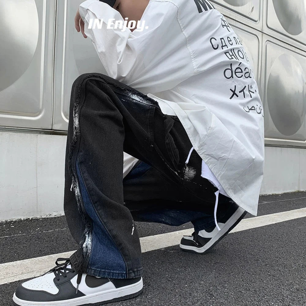 saferido high street pants American street skateboard washed splash jeans men's floor pants streetwear hiphop Panic buying denim men