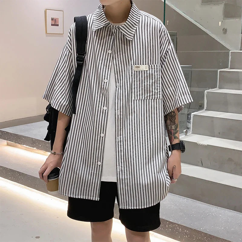 saferido Rocking k Summer Stripe Shirt Men's Korean fashion ins short sleeve shirt men's BF Harajuku handsome top loose casual coat