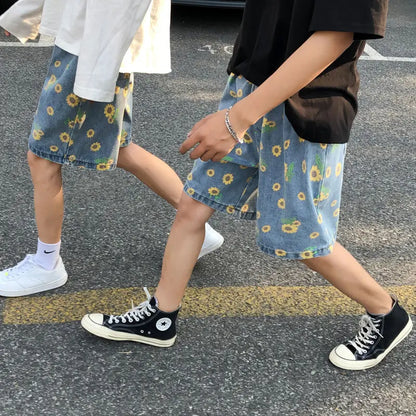 Summer Cotton Denim Shorts Men's Fashion Casual Flowers Denim Shorts Men Streetwear Korean Loose Drawstring Denim Shorts Mens