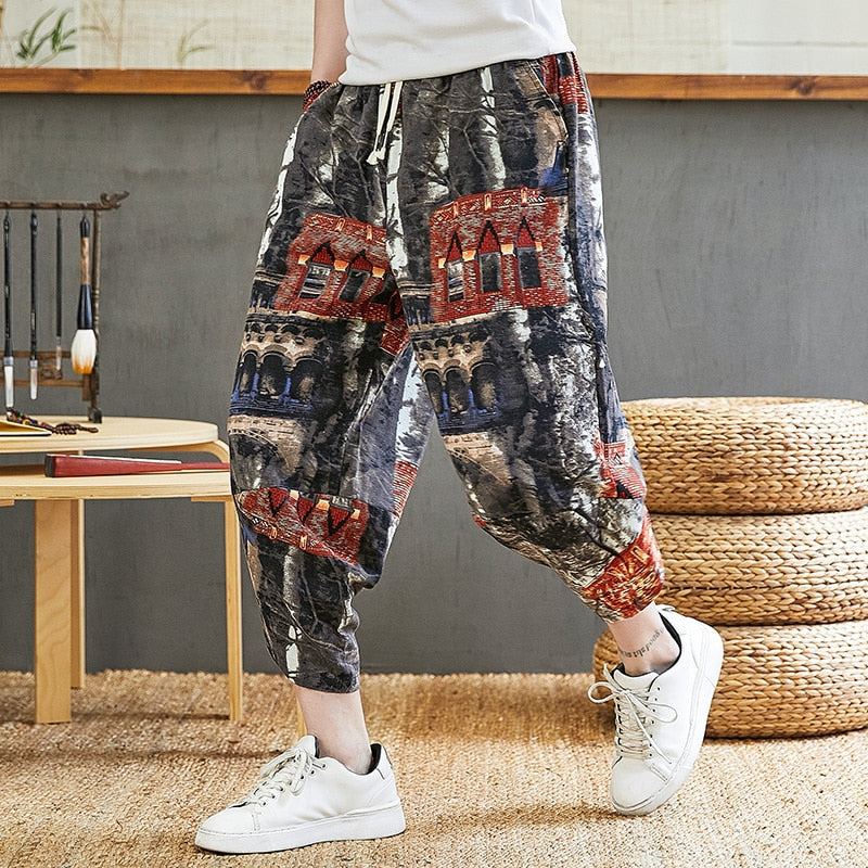 Baggy Cotton Harem Pants Men Summer Japanese Men Women Hip Hop Plus Size Wide Leg Pants Bloomers Calf-Length Pants Joggers