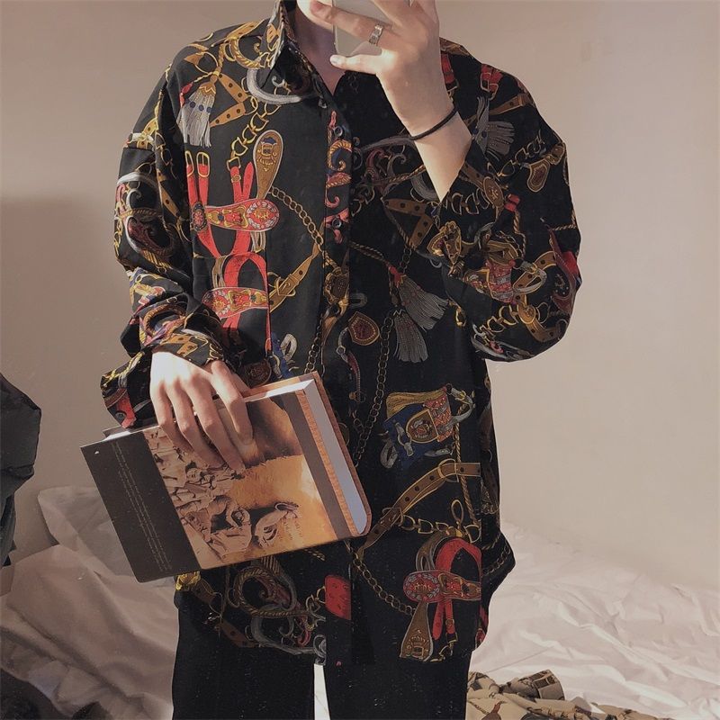 Vintage Fashion  Beach Hawaii Shirts for Men Harajuku Floral Print Long Sleeve Casual Loose Blouse Button Up Shirt