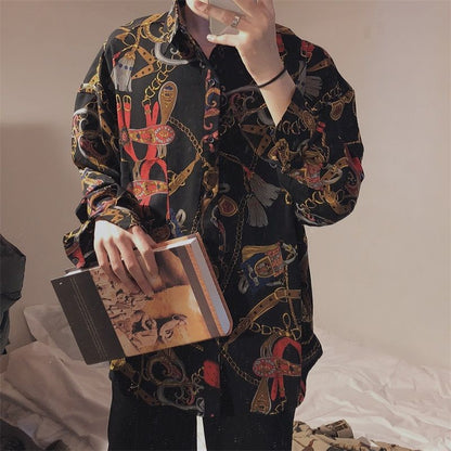 Vintage Fashion  Beach Hawaii Shirts for Men Harajuku Floral Print Long Sleeve Casual Loose Blouse Button Up Shirt