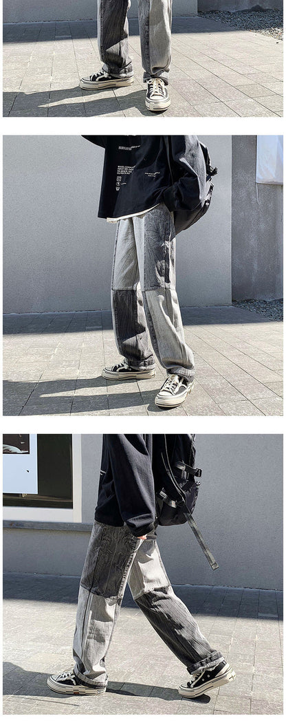 Korean Style Fashion Men's Denim Wide-leg Pants New Autumn Loose Straight-leg Jeans Paneled Denim Trousers Male