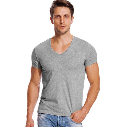 Solid V Neck T Shirt for Men Low Cut Stretch Vee Top Tees Slim Fit Short Sleeve Fashion Male Tshirt Invisible Undershirt Summer