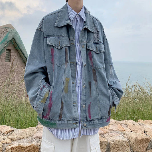 saferido Pierced denim jacket men's Korean version high street splash couple's coat spring and autumn loose fashion versatile top