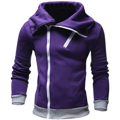 Men's Fashion Diagonal Zipper Pullover Hooded Color Matching Sweater Casual Jacket