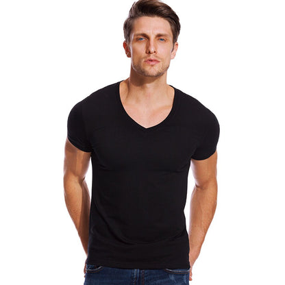 Solid V Neck T Shirt for Men Low Cut Stretch Vee Top Tees Slim Fit Short Sleeve Fashion Male Tshirt Invisible Undershirt Summer