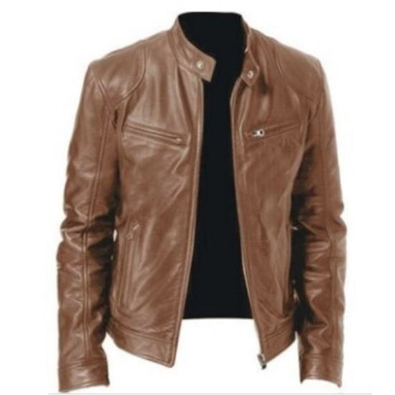 Mens Fashion Leather Jacket Slim Fit Stand Collar PU Jacket Male Anti-wind Motorcycle Lapel Diagonal Zipper Jackets Men