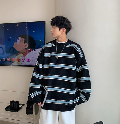 saferido       Striped Sweater Men Round Neck Winter Pullover Sweater Korean Fashion Harajuku Loose Wild Long Sleeve Sweater Oversize