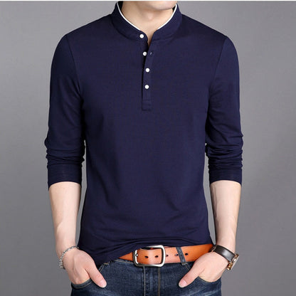 Spring Men's Long Sleeve T Shirts Half Buttons Stand Collar Cotton Pullovers Solid Casual Tops Comfy Korea Tide Slim Thin Tees