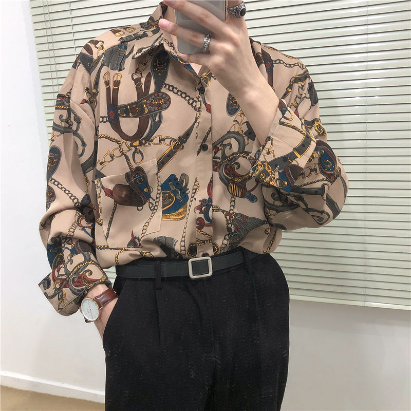 Vintage Fashion  Beach Hawaii Shirts for Men Harajuku Floral Print Long Sleeve Casual Loose Blouse Button Up Shirt