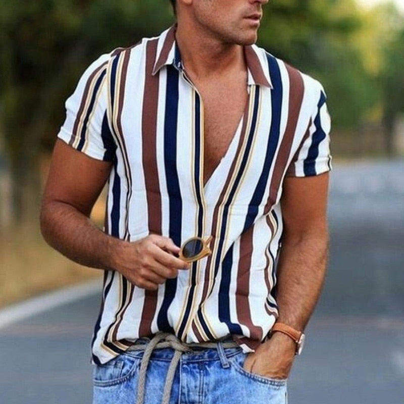 Summer New Mens Vintage Striped Shirt Fashion Casual Luxury Shirt Short Sleeve Hawaii Shirts For Men