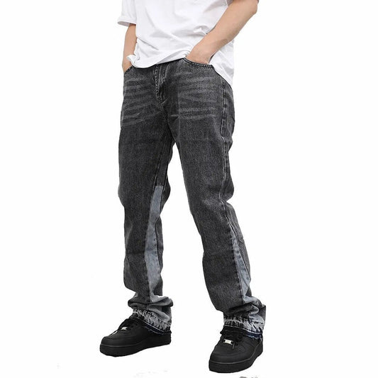 Vintage Patchwork Mens Flared Jeans Y2k Streetwear Pant  Wide Leg Hip Hop Black Colorblock Slim Fit Graffiti Denim Jeans