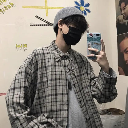 saferido HIP HOP Korean ins versatile Plaid loose oversize long sleeve shirt for men and camisa masculina gray shirts