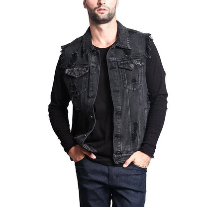 Summer Autumn Vintage Design Men's Denim Vest Male Retro Sleeveless Jackets Casual Ripped Hole Jean Waistcoats Clothing