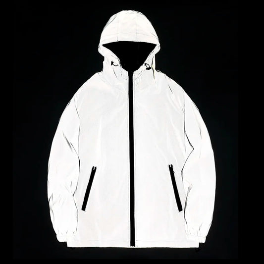 Night Reflective Jackets Double fabric Windbreaker Hooded Jacket Men Hip Hop Dancer singer Waterproof Zipper Coats Outwear