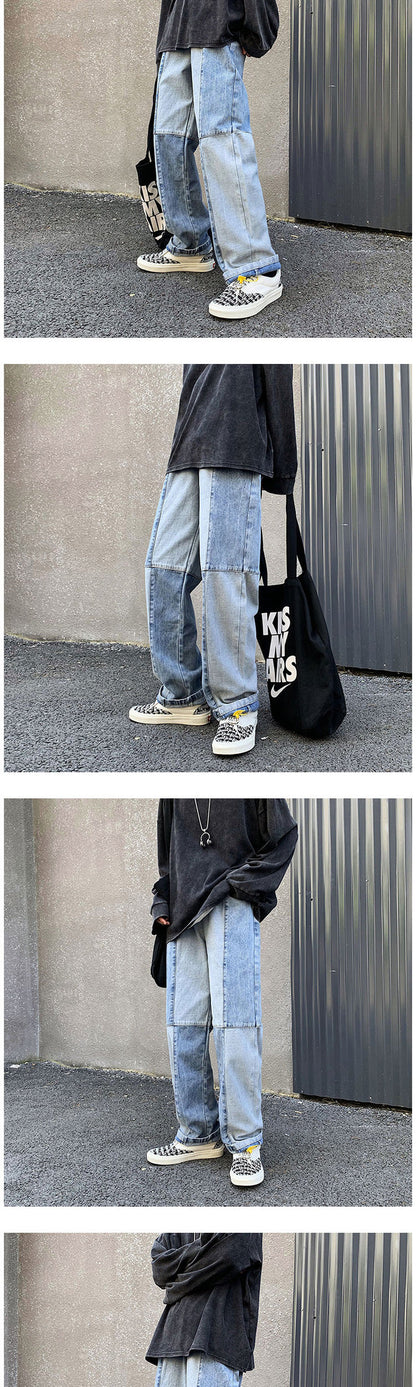 Korean Style Fashion Men's Denim Wide-leg Pants New Autumn Loose Straight-leg Jeans Paneled Denim Trousers Male