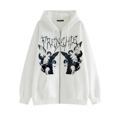 Men's Hoodies Vintage Angel Printed Sweatshirt Coats Harajuku Hip Hop Oversized Cotton Casual Zipper Jackets Outwear Streetwear