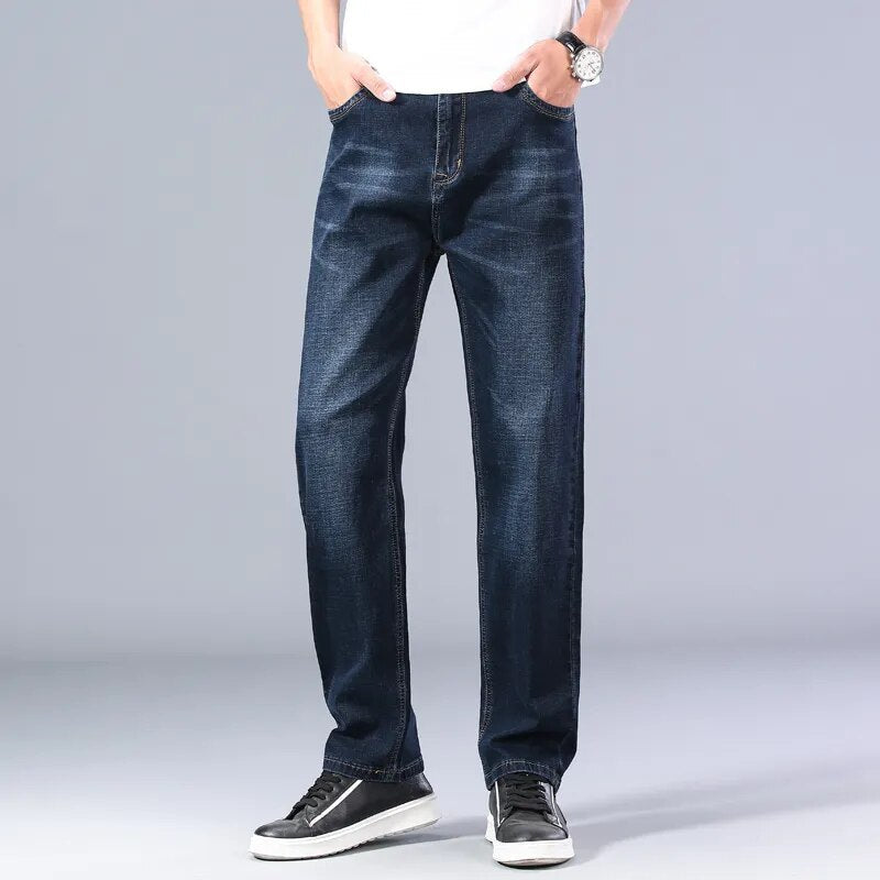 New Classic Men's Thin Blue Jeans Advanced Stretch Loose Straight Denim Trousers Male Brand Pants Plus Size 40 42 44