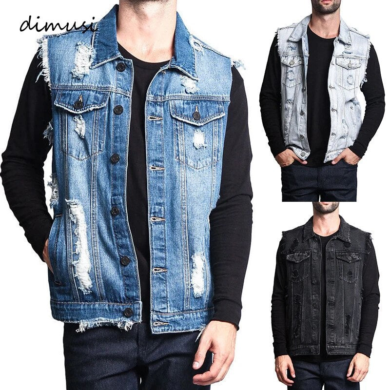 Summer Autumn Vintage Design Men's Denim Vest Male Retro Sleeveless Jackets Casual Ripped Hole Jean Waistcoats Clothing