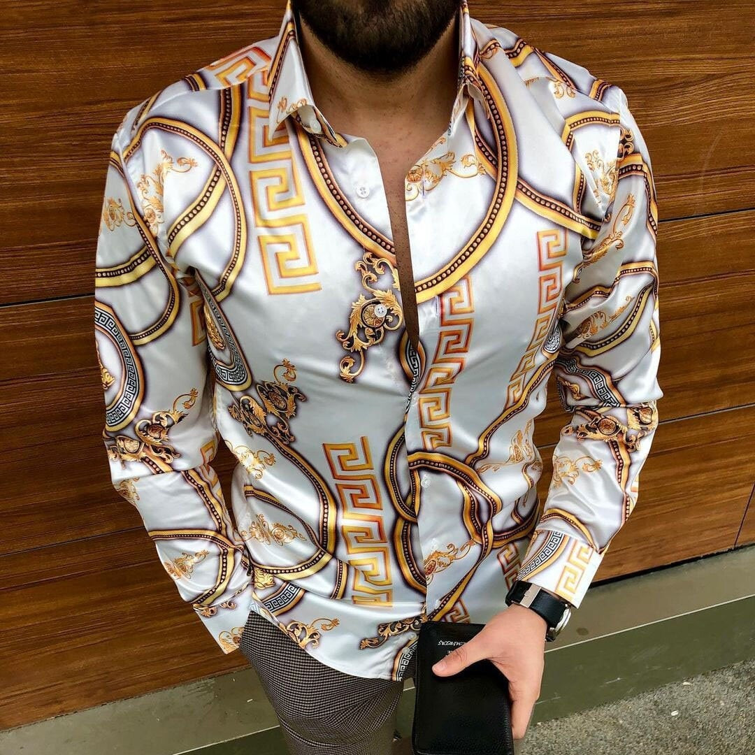 New Punk Style Men's Shirts Autumn Fashion Digital printing Shirts Male Slim Fit Long Sleeve Lapel Casual Party Shirt Tops