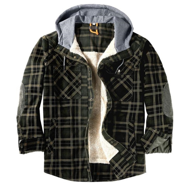 Winter Casual Plaid Hooded Velvet Thickened Warm Men Shirt Men's Cotton Loose Long Sleeve Shirts